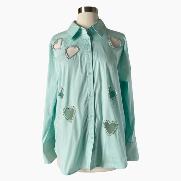 Alice + Olivia Finley Heart Cutout Embellished Mint Cotton Top M - Picture 2 of 8
